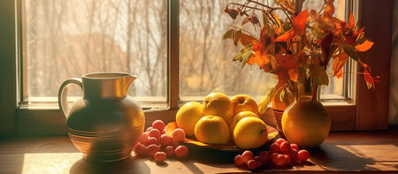 Autumn still life with apples and grapes on a windowsill.の素材
