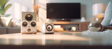 Modern powerful audio speakers on table in living room, panoramic bannerの素材