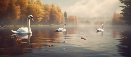 Autumn landscape with swans on the lake in foggy morningの素材