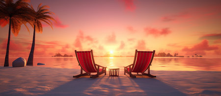 Two chaise lounges on the beach at sunset. 3d renderの素材