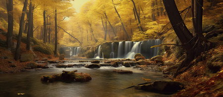 Autumn forest waterfall in the mountains. 3d render illustration.の素材
