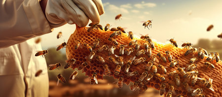 Close up view of beekeeper working with bees on honeycomb. 3d renderingの素材