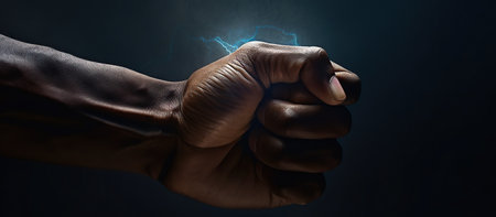 Fist bumping on dark background, close-up of fistの素材