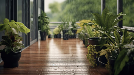 Plants in pots on the balcony of the house, rainy dayの素材