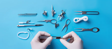Manicure and pedicure tools on a blue background.の素材