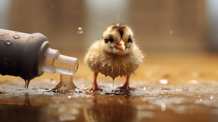 Little chicken in the rain with a bucket of water on the backgroundの素材