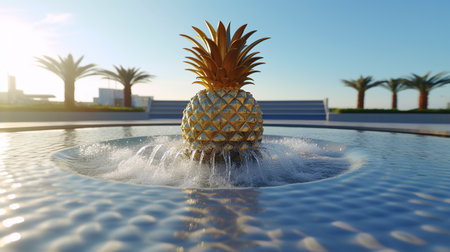 Pineapple in a fountain with palm trees in the background. 3d renderの素材