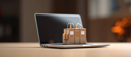 Laptop with shopping bags on the table. 3d rendering.の素材