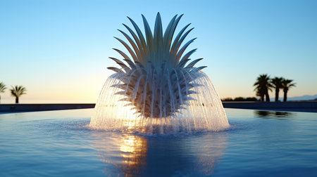 Fountain in the pool at sunset. 3d render illustration.の素材