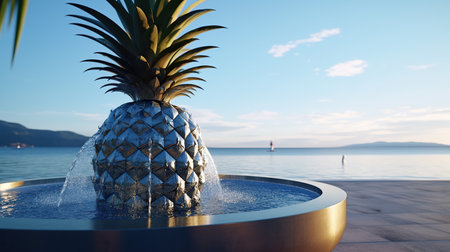 Pineapple in a fountain on the background of the sea.の素材