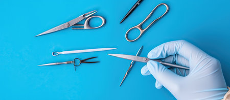 Manicure and pedicure tools on blue background, top viewの素材