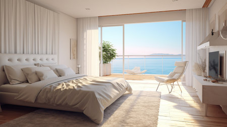 3d rendering of bedroom in modern house with sea view background.の素材
