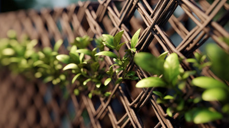 Closeup of green leaves on the fence. Selective focus.の素材
