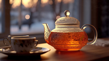 tea pot and cup on a wooden table in the evening sunlightの素材