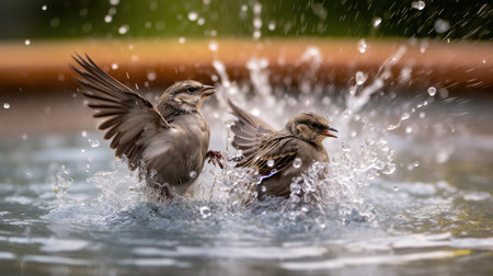 Sparrows taking a bath in a fountain with water splashesの素材
