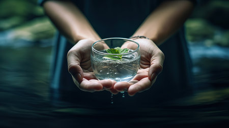 Close up of female hands holding glass of water with ice cubes and mint leafの素材