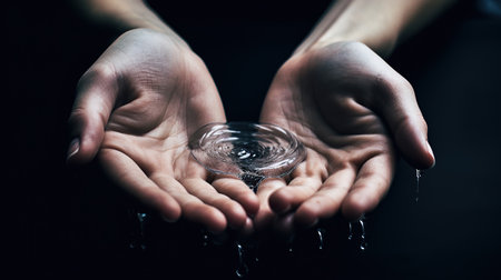 Closeup of human hands holding glass with water drops on dark backgroundの素材