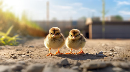 Two yellow ducklings walking on the ground in the sun. Selective focus.の素材