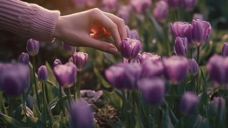 Woman's hand touching purple tulip flowers in the garden, spring timeの素材