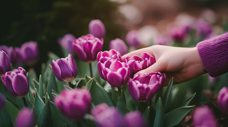 Female hand holding purple tulip flowers in garden. Spring flower backgroundの素材