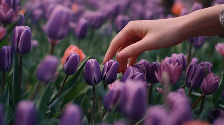 Female hand touching purple tulip flowers in the field, closeupの素材