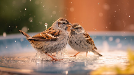 Two sparrows drinking water from a fountain in the rain.の素材