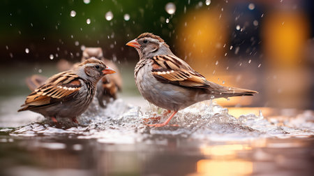 Three sparrows standing in water with raindrops falling on themの素材