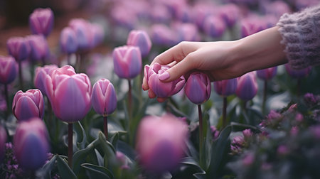 Female hand touching purple tulip flowers in the garden, selective focusの素材