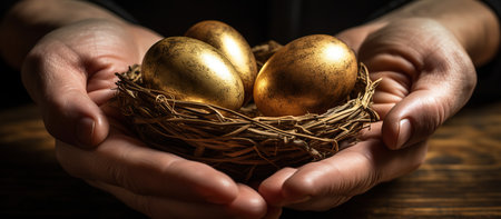 Nest with golden eggs in the hands of a young woman.の素材