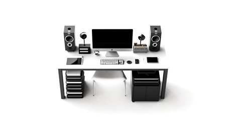 3d illustration of home office with computer and speakers on white backgroundの素材
