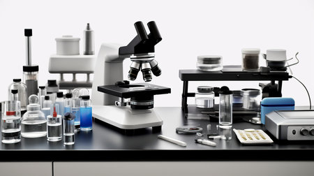 Microscope and laboratory equipment on white background. Science and chemistry conceptの素材