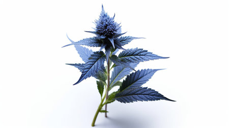 Close up of a blue flower on a white background with copy spaceの素材