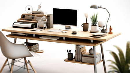 Wooden desk with computer on it in modern office 3D renderingの素材