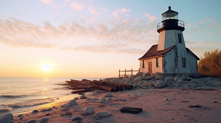 Lighthouse on the beach at sunrise. Panoramic view.の素材