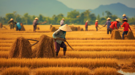 Farmer working on rice field in Vietnam. Rice is the main industry in Vietnamの素材