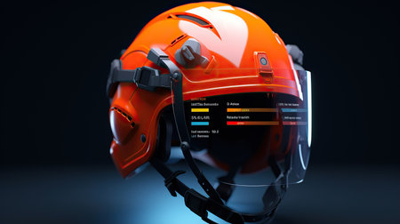 Orange hockey helmet on dark background. 3d rendering. High resolution image.の素材