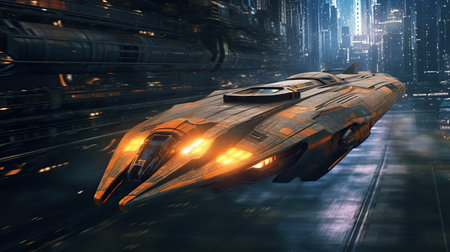 Futuristic spaceship flying over the city. 3D rendering.の素材
