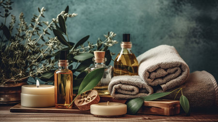 Spa still life with towels, oil and candles on wooden backgroundの素材