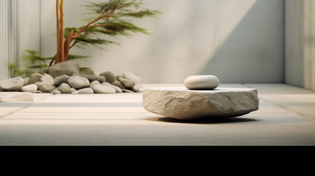 Zen stone on the floor in a modern room with green plants.の素材