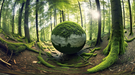 Mysterious green forest with a globe. 3D rendering.の素材