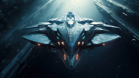 Spaceship in space. Futuristic spaceship flying in deep space.の素材