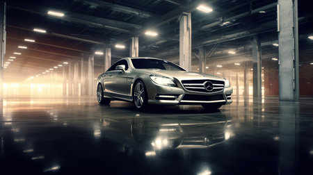 Side view of a luxury car in the garage. 3d renderingの素材