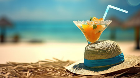 Cocktail with orange and mint on a straw hat on the beachの素材