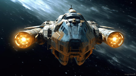 Space ship in deep space. Science fiction art. 3D renderingの素材