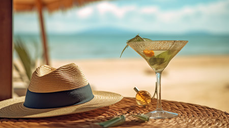Cocktail on the beach with hat and cocktail in a glassの素材