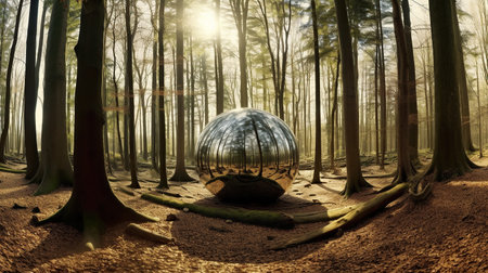Conceptual image with a sphere surrounded by trees in the forestの素材