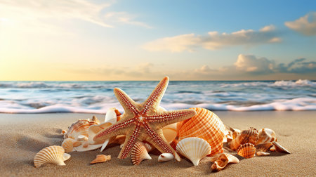 Seashells and starfish on the sandy beach at sunsetの素材