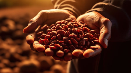 coffee beans in the hands of a man on a blurred backgroundの素材