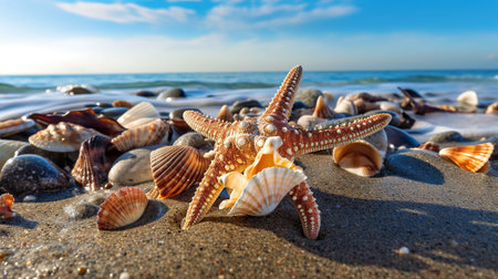 Starfish and seashells on the sandy beach of the Baltic Seaの素材