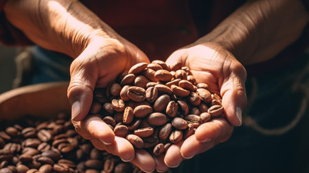 Closeup of female hands holding roasted coffee beans in a wooden bowlの素材